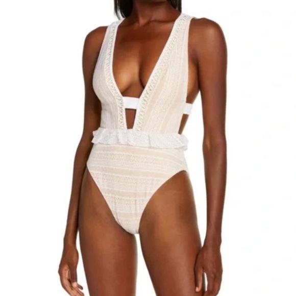River Island Resort Peplum Plunge One Piece Swimsuit in White/Cream Sz 16 - Picture 2 of 10